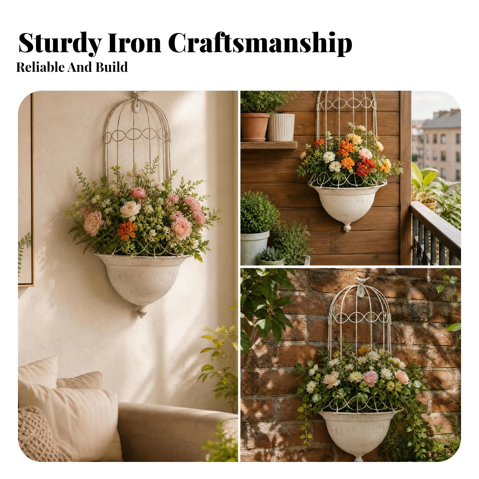 Vertical Planter - 壁掛けプランター、鉄製の鳥かご型装飾、家庭用、庭、パティオ、バルコニー、縦型ハンギングフラワーホルダー。