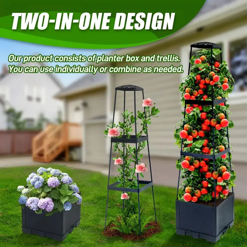 Indoor Herb Garden - 自動給水機能付きプランティングボックスと支柱を備えたトマトタワー。つる性植物の栽培に最適。屋内・屋外の庭で使用可能。1セット。