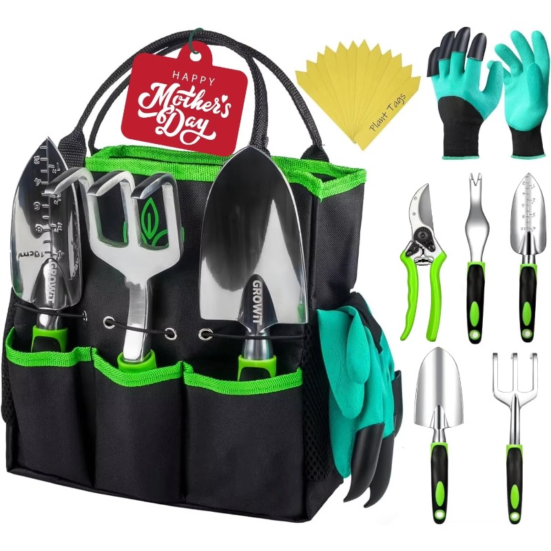 Trowel Garden Tools - 9点入り人間工学に基づいたガーデンツールセット、剪定ばさみ、移植シャベル、熊手、収納バッグ付きの完全な園芸ハンドキット、庭植え用