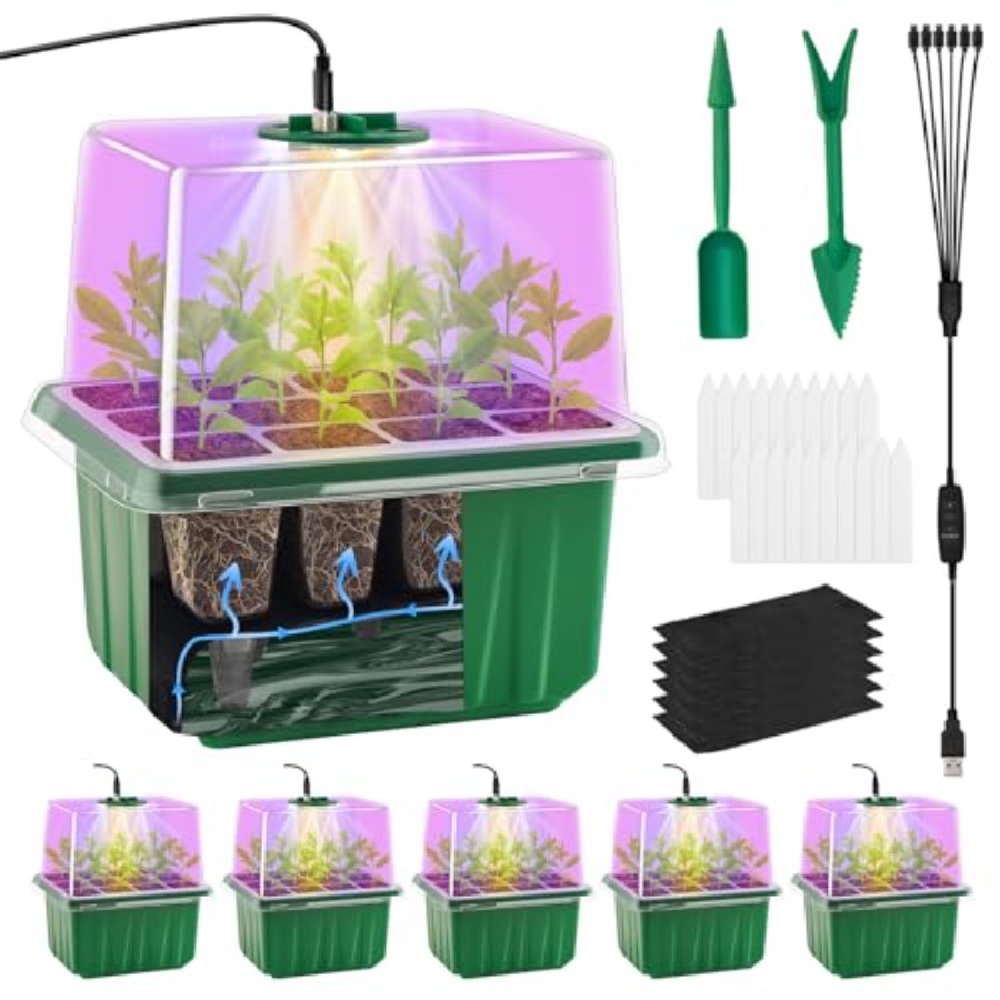 Seed Starter Tray - ライト付き種子スタータートレイ6パック、植物スタータートレイ、苗スターターキット、湿度ドーム付きベース、屋内ミニ温室