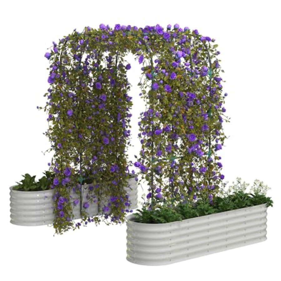 Raised Garden Bed - 高さ96インチの亜鉛メッキ仕上げの高床式菜園、垂直アーチ型トレリス付き、拡張可能な屋外プランターボックス、つる性植物や花に最適