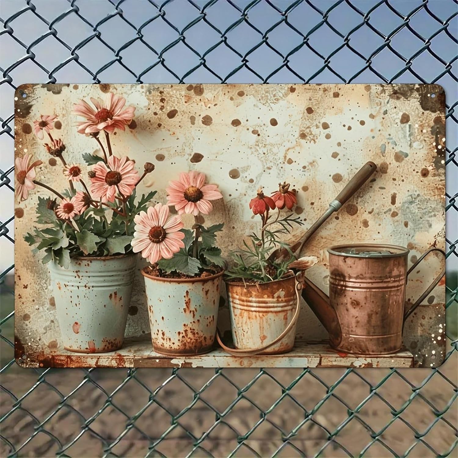 ピンクの花と水差しを抱えた錆びたバケツの、素朴なアルミ製の壁 - Watering Can のレビューと価格